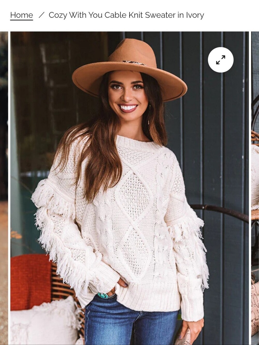 Impressions Cream Cable Knit Fringe Sweater